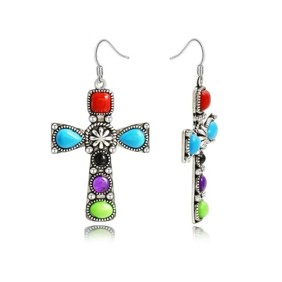 #38 Colored Stone Drop Earrings, Boho Cross Metal Engraved Pattern - Picture 1 of 1